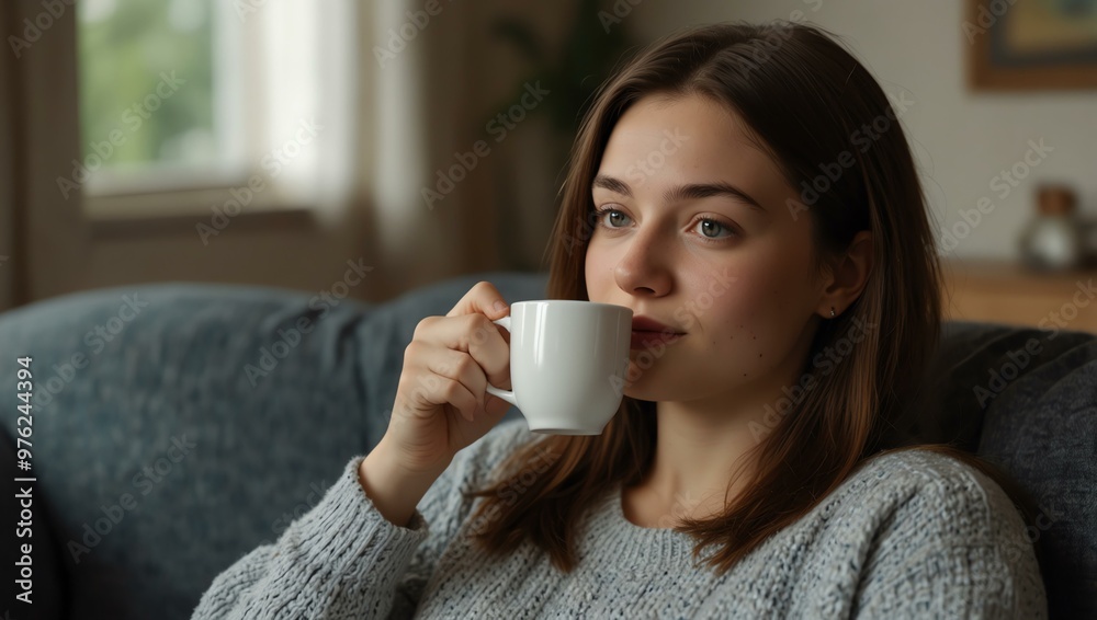 Young woman sitting on a sofa at home with a cup of tea, close-up view. Young woman sitting on a sofa at home with a cup of tea, close-up view.