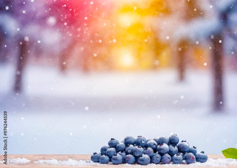 Fresh Blueberries on a Snowy Wooden Table in a Winter Wonderland. Fresh Blueberries on a Snowy Wooden Table in a Winter Wonderland.