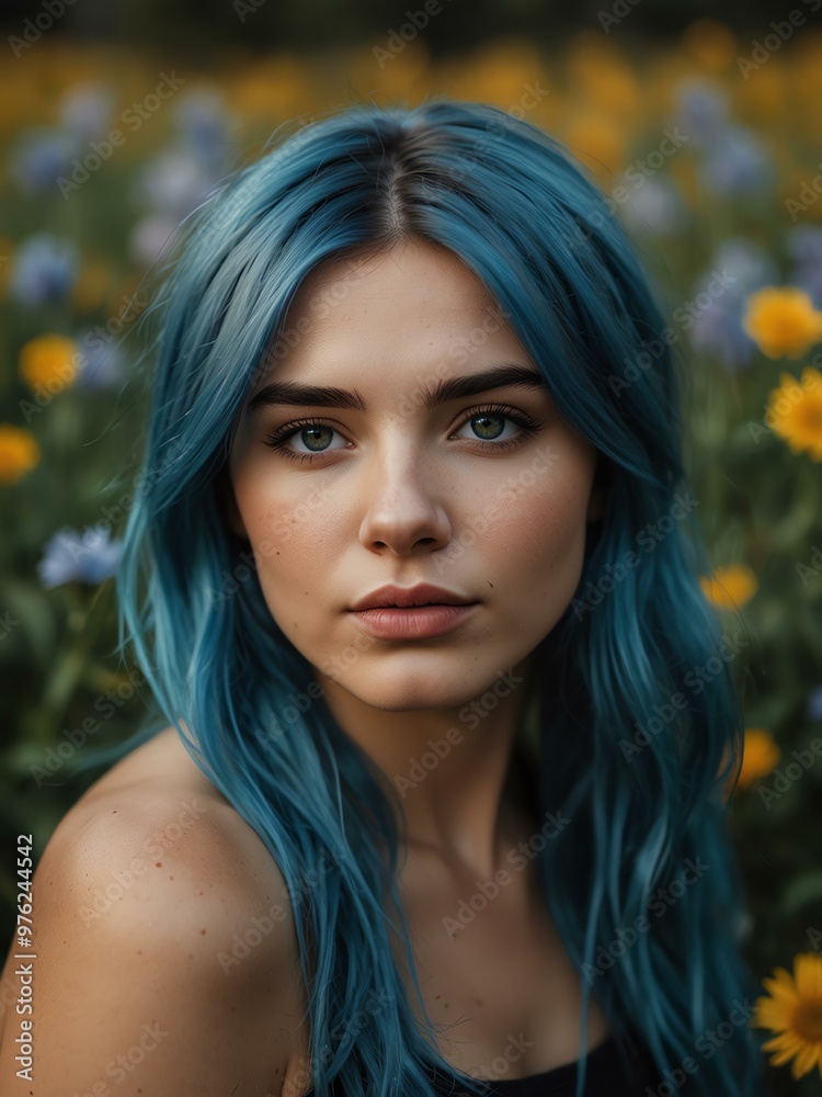 Young woman with blue hair in a flower field. Young woman with blue hair in a flower field.