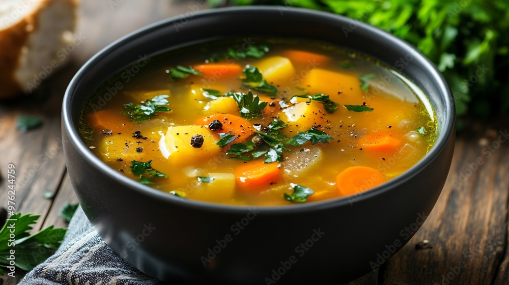 Close-up of a bowl of vegetable soup with carrots, potatoes, and parsley. Close-up of a bowl of vegetable soup with carrots, potatoes, and parsley.