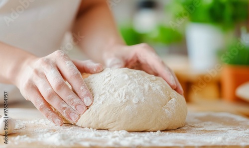 Person Kneading Dough on a Wooden Surface in a Bright Kitchen Filled With Greenery