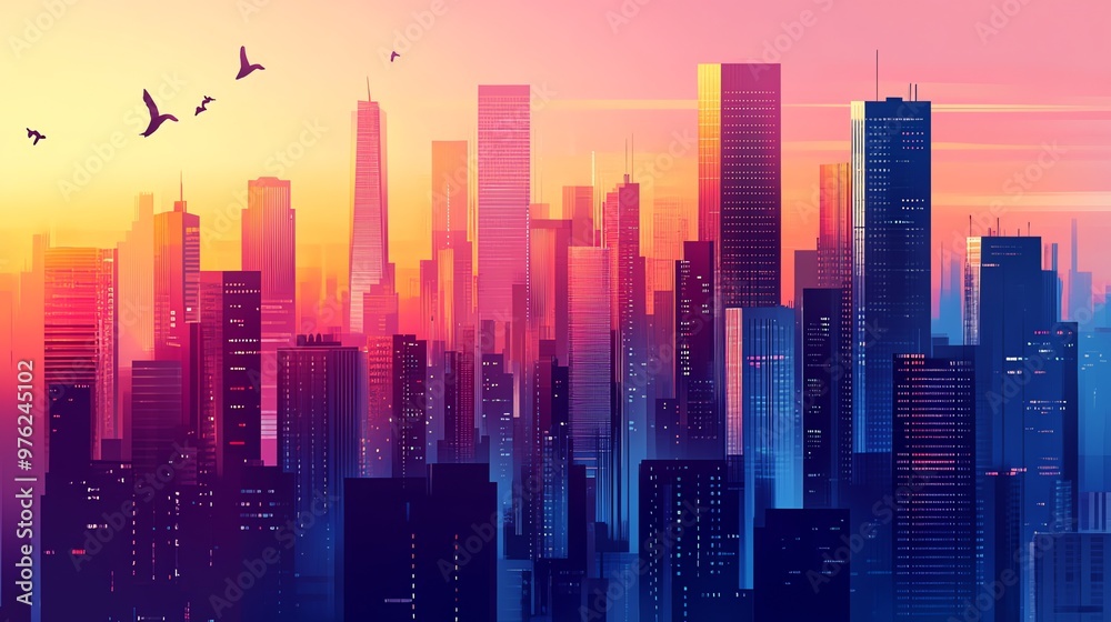 A vibrant cityscape at sunset with birds flying overhead. A vibrant cityscape at sunset with birds flying overhead.