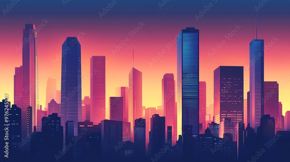 A city skyline at sunset with a vibrant gradient sky. A city skyline at sunset with a vibrant gradient sky.