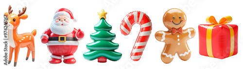 Collection in 3D inflatable style with traditional Christmas elements. Set of New Year design elements on transparent background: Santa Claus, deer, gingerbread, lollipop, gift box, Christmas tree