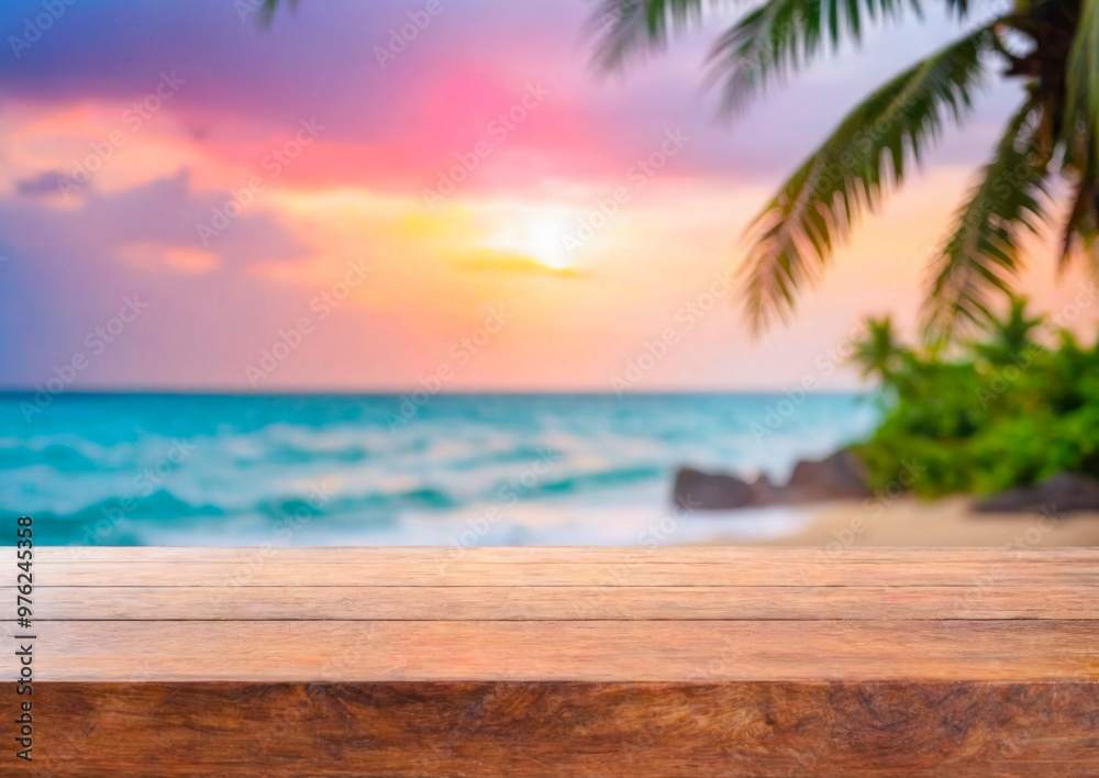 Fototapeta premium Wooden Tabletop with Blurred Tropical Sunset Beach Background.