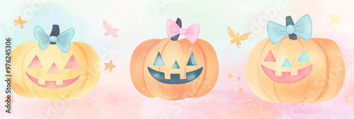 Cute illustration of a jack o lantern with a pink ribbon, girly halloween artwork photo