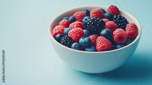 Bowl of fresh raspberries, blueberries, and blackberries on a blue background.