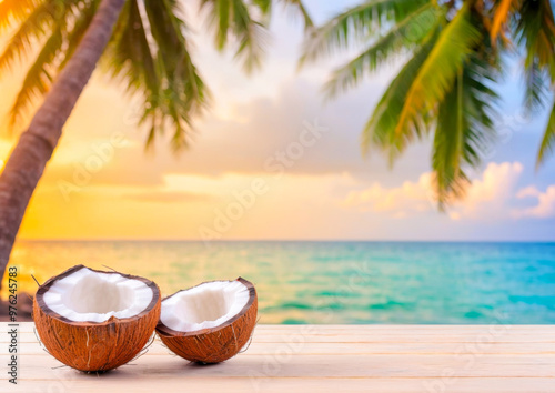 Two Coconut Halves on Wooden Table with Blurred Tropical Beach Background.