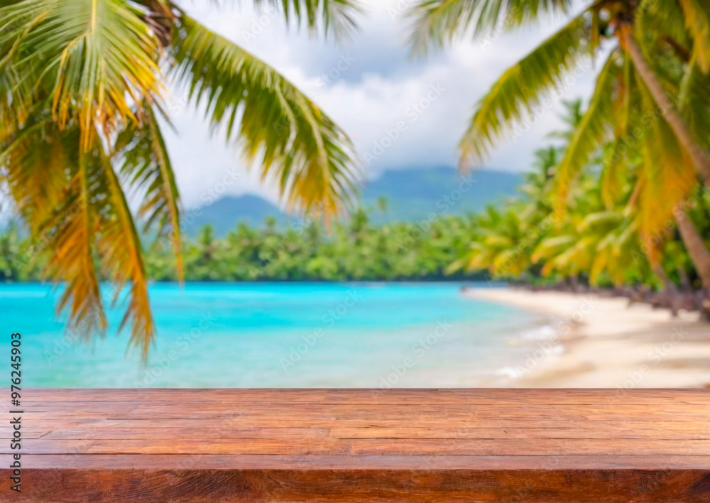 Wooden Tabletop with Tropical Beach Background. Wooden Tabletop with Tropical Beach Background.