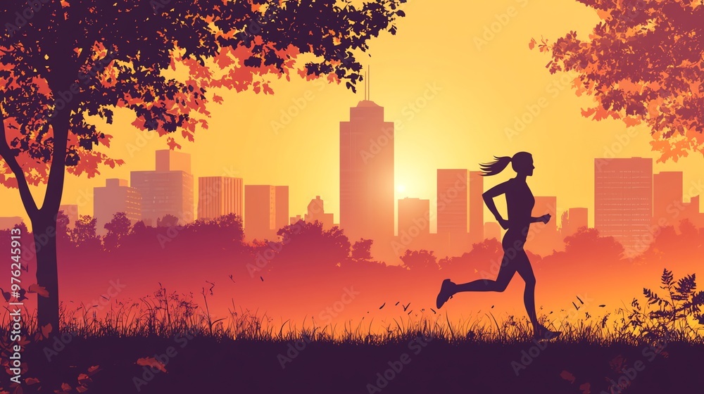 Silhouette of a woman jogging in a park at sunrise with a city skyline in the background. Silhouette of a woman jogging in a park at sunrise with a city skyline in the background.