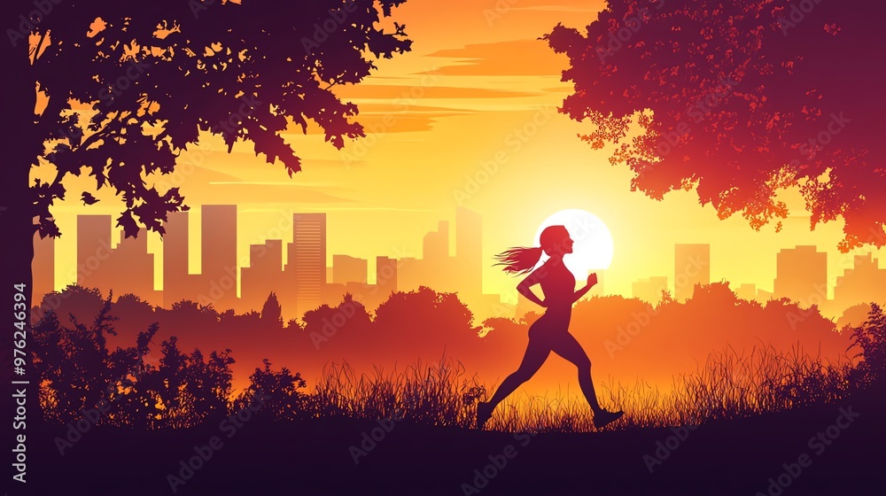 Silhouette of a woman running in a park at sunset, with a city skyline in the background. Silhouette of a woman running in a park at sunset, with a city skyline in the background.