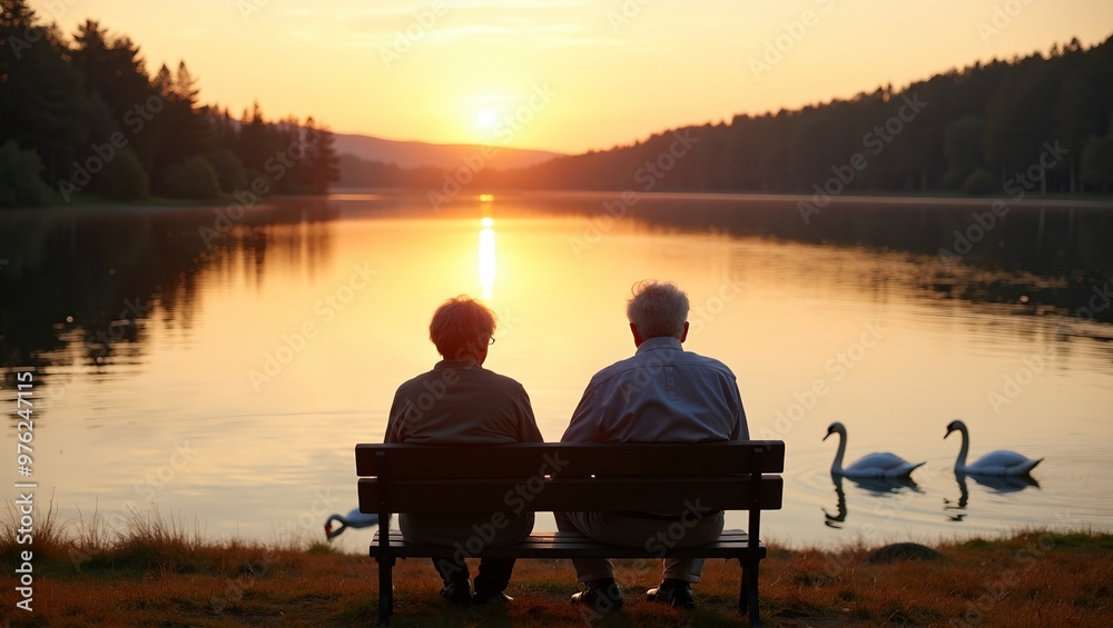 Elderly couple watching swans on a tranquil lake at sunset Elderly couple watching swans on a tranquil lake at sunset