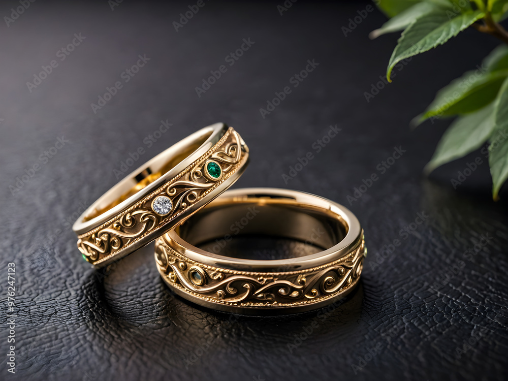 Wedding rings on a dark background. Wedding rings with green stones. Wedding rings on a dark background. Wedding rings with green stones.