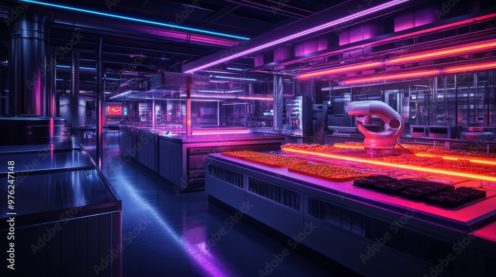Obraz premium Futuristic Food Production Facility with Neon Lights.