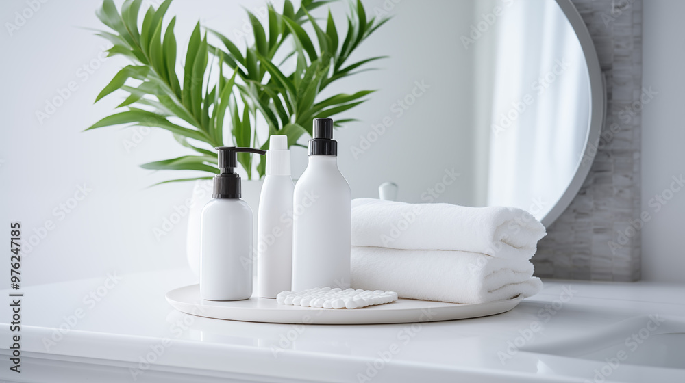 Refined bathroom scene with sleek soap and shampoo bottles placed beside a fresh, crisp white cotton towel luxury and practicality to the space. Refined bathroom scene with sleek soap and shampoo bottles placed beside a fresh, crisp white cotton towel luxury and practicality to the space.