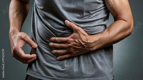 Person Experiencing Severe Muscle Cramps and Kidney Pain, Holding Stomach in Discomfort, Sign of Health Issues Such as Kidney Stones or Digestive Problems