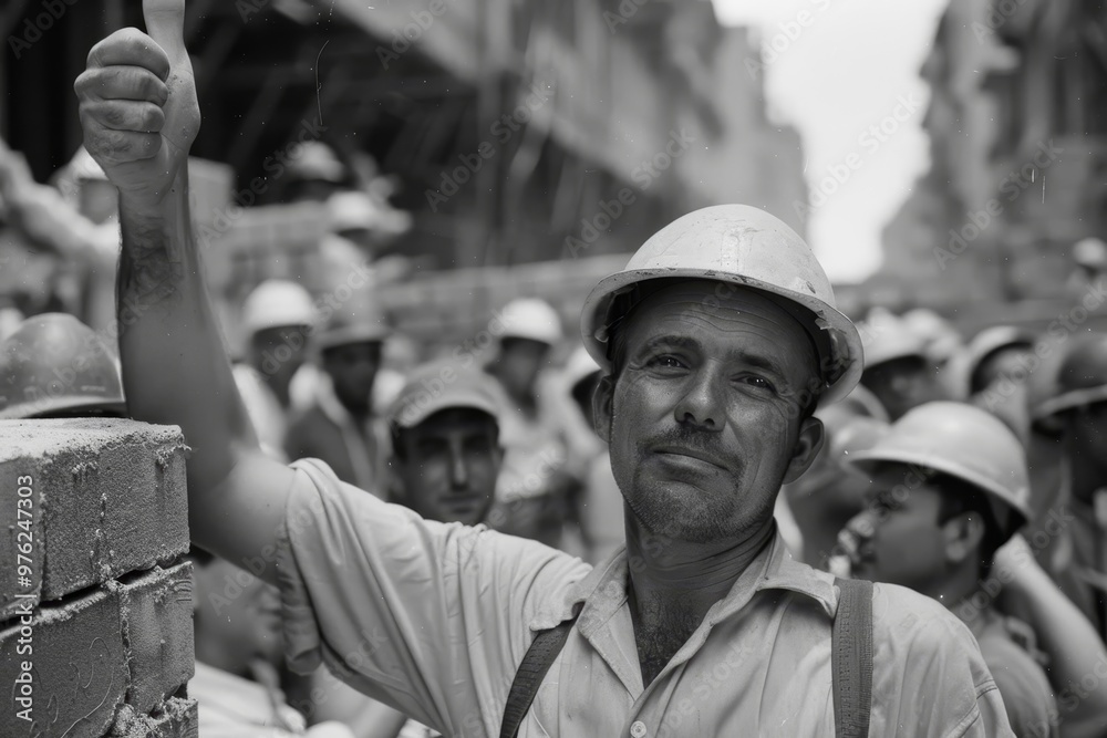 A group of construction workers gathers on-site, with one man giving a thumbs-up, showcasing camaraderie and pride in their hard work under clear skies. A group of construction workers gathers on-site, with one man giving a thumbs-up, showcasing camaraderie and pride in their hard work under clear skies.
