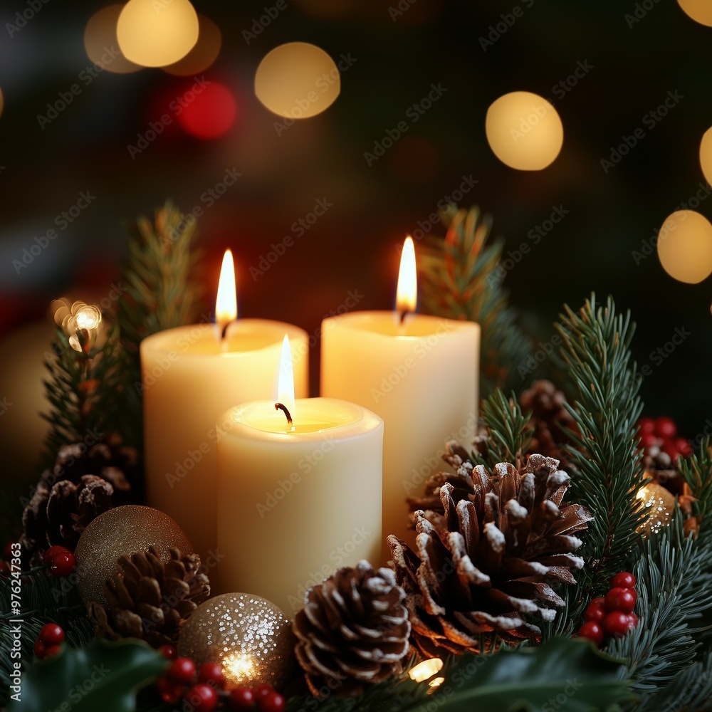 Cozy Christmas candle centerpiece with pinecones, greenery, and golden ornaments glowing softly Cozy Christmas candle centerpiece with pinecones, greenery, and golden ornaments glowing softly