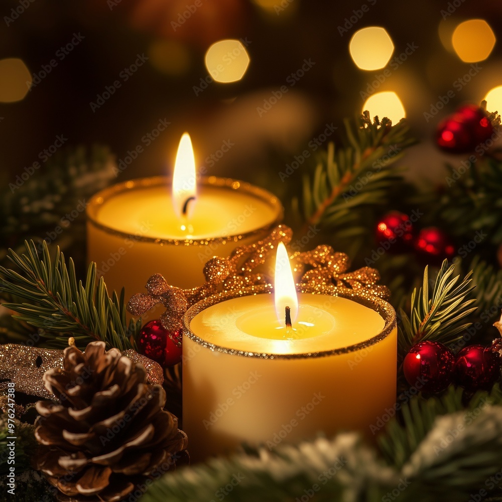Warm Christmas candles glowing amidst festive greenery, pinecones, and red berries Warm Christmas candles glowing amidst festive greenery, pinecones, and red berries