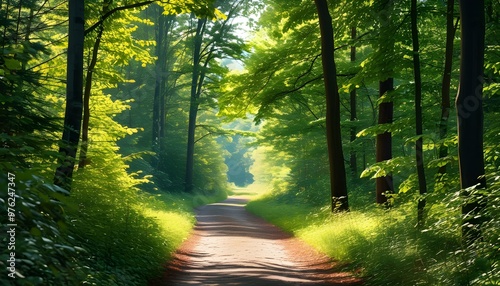 Tranquil forest path enveloped in lush greenery and dappled sunlight, inviting a peaceful escape into natures embrace