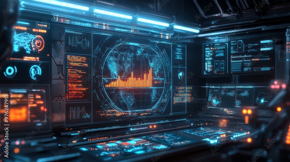 Futuristic Control Room with World Map and Data Displays. Futuristic Control Room with World Map and Data Displays.