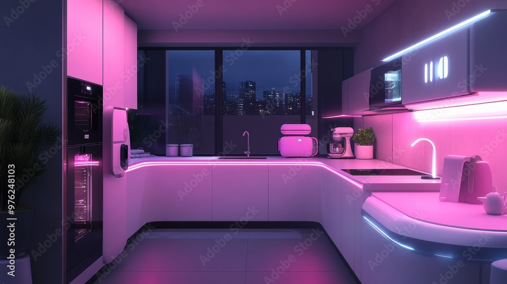 Modern Kitchen with Pink Neon Lights and City View. Modern Kitchen with Pink Neon Lights and City View.