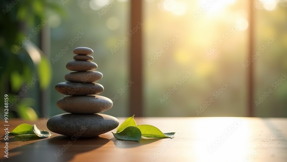 Tranquil zen stone tower with green leaves in golden sunlight Tranquil zen stone tower with green leaves in golden sunlight