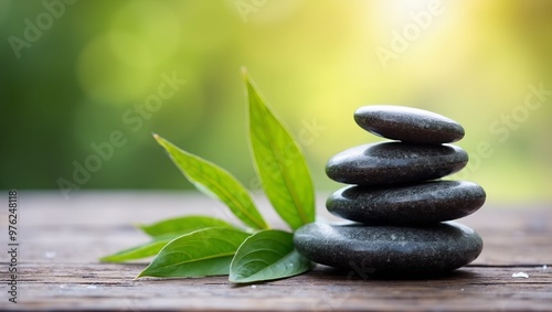 Zen stones on wooden table with green leaves soft sunlight