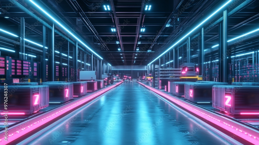 Futuristic Factory Conveyor Belt with Neon Lights. Futuristic Factory Conveyor Belt with Neon Lights.