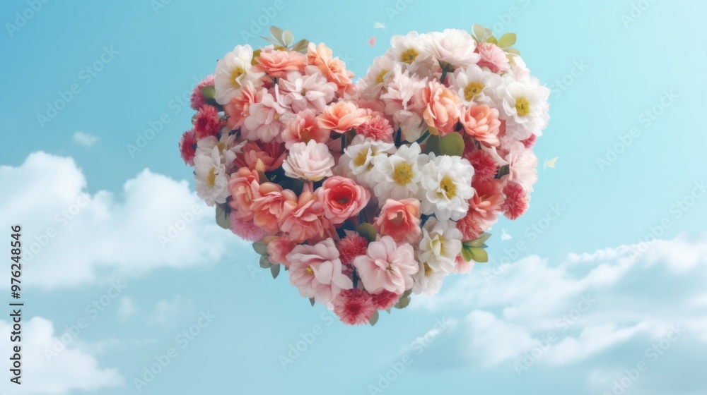 Cloud creative love concept of fresh Spring flowers in the sky background. Cloud creative love concept of fresh Spring flowers in the sky background.