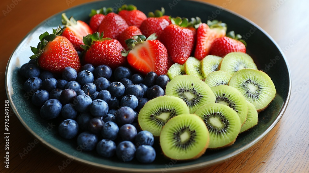 A plate of fresh fruit including sliced kiwi, strawberries, and blueberries. A plate of fresh fruit including sliced kiwi, strawberries, and blueberries.