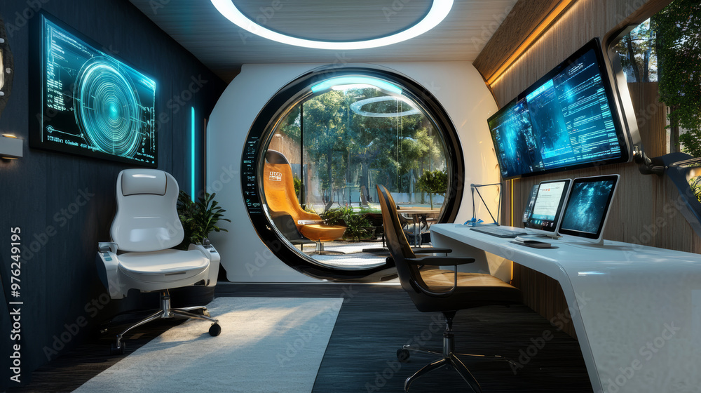 Futuristic Home Office with Modern Design and Large Window. Futuristic Home Office with Modern Design and Large Window.