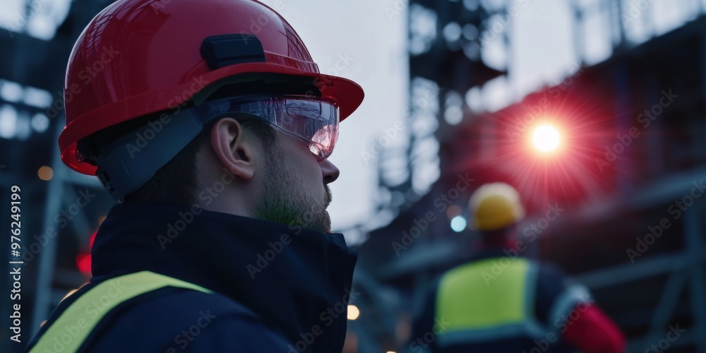 A construction worker in a red helmet and hi-visibility jacket observes an under-construction site at dusk, while another worker in the background prepares for the task ahead. A construction worker in a red helmet and hi-visibility jacket observes an under-construction site at dusk, while another worker in the background prepares for the task ahead.