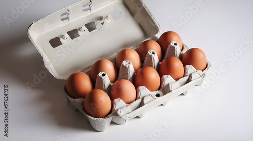 Fresh Brown Eggs in Carton on White Background photo