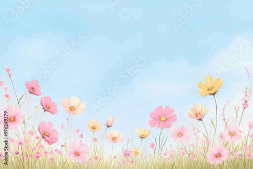 Vibrant floral landscape with colorful flowers against a clear blue sky, perfect for spring themes and nature designs.