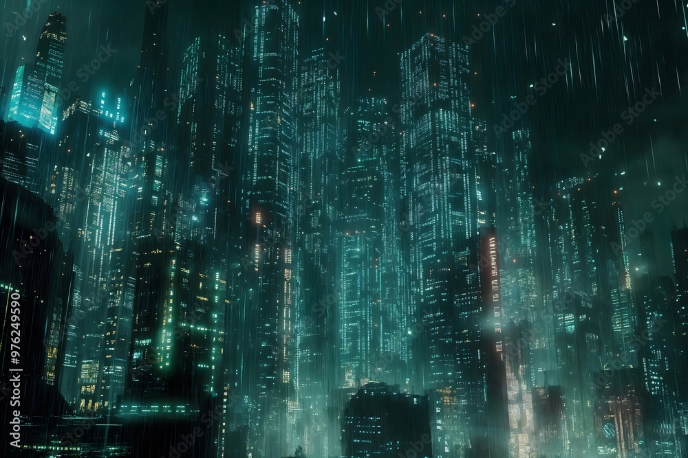Neon Skyscrapers of the Future. A Vision of a Digital City Wrapped in Streams of Glowing Data