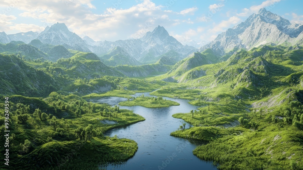Serene Mountain Valley with Winding River. Serene Mountain Valley with Winding River.