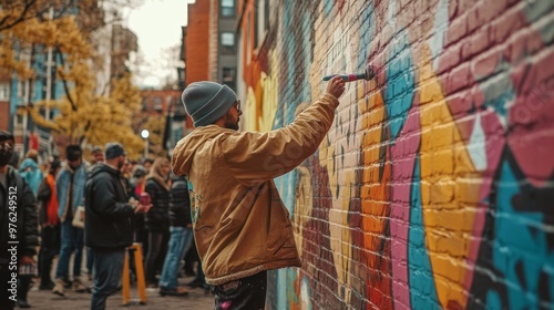 A street artist spray-painting a vibrant mural on a brick wall in an urban neighborhood photo