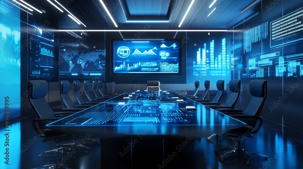 Futuristic Meeting Room with Holographic Displays. Futuristic Meeting Room with Holographic Displays.