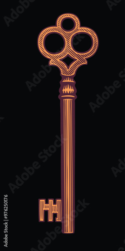 An ancient golden key. Editable hand drawn illustration. Vector vintage engraving. Isolated on black background. 8 EPS