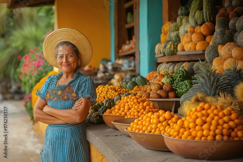 Warm elderly Latina woman selling fruits and vegetables at a market