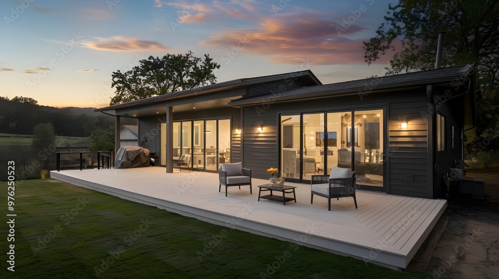Modern Home with Deck and Mountn View at Dusk Modern Home with Deck and Mountn View at Dusk