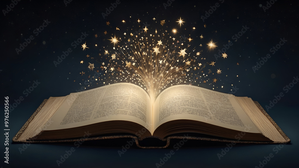 An open book with shining stars and soft rays of light all around An open book with shining stars and soft rays of light all around