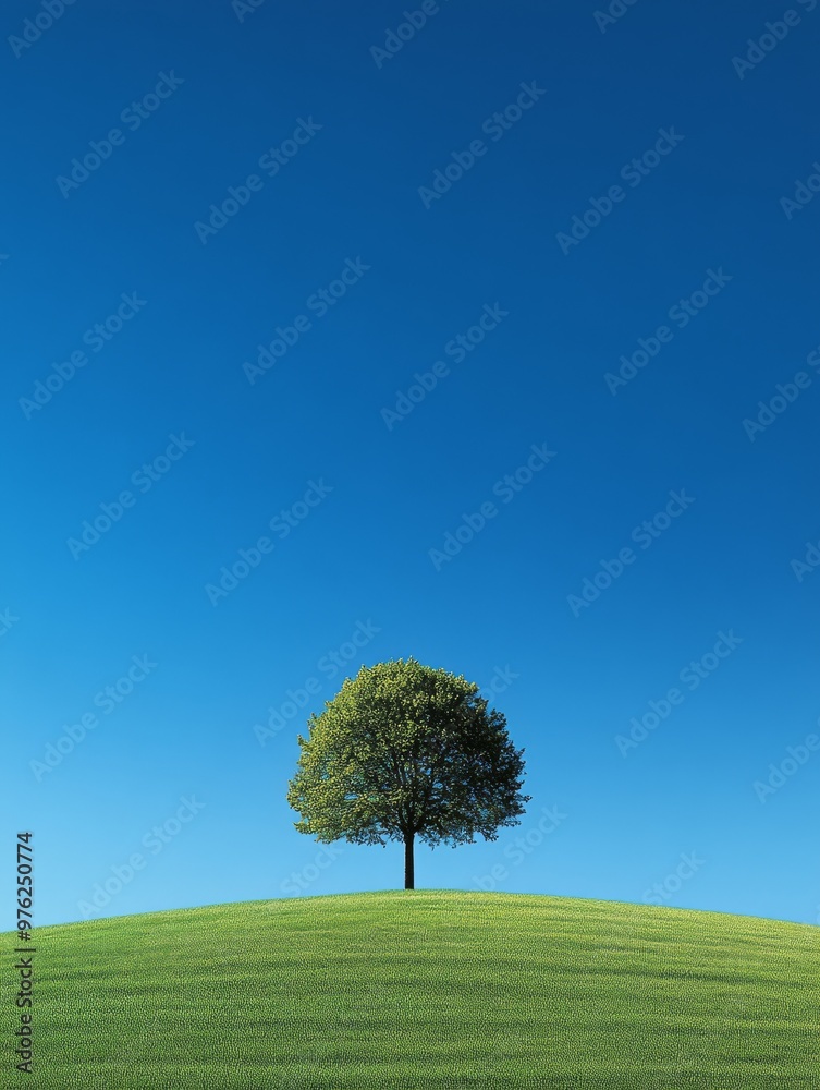 Fototapeta premium A Solitary Green Tree Stands on a Grassy Hill Under a Clear Blue Sky in Bright Daylight