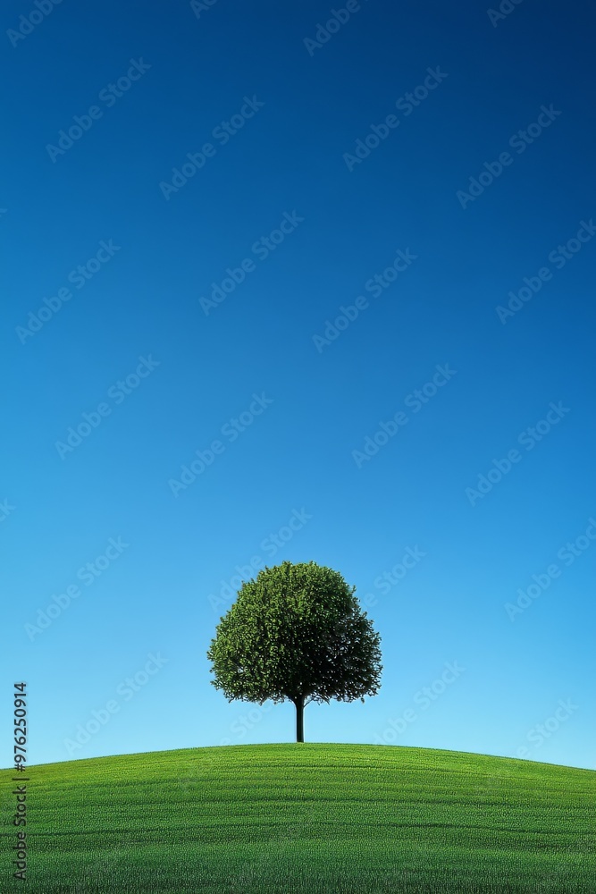 A Solitary Green Tree Stands on a Rolling Hill Under a Clear Blue Sky in Daylight A Solitary Green Tree Stands on a Rolling Hill Under a Clear Blue Sky in Daylight