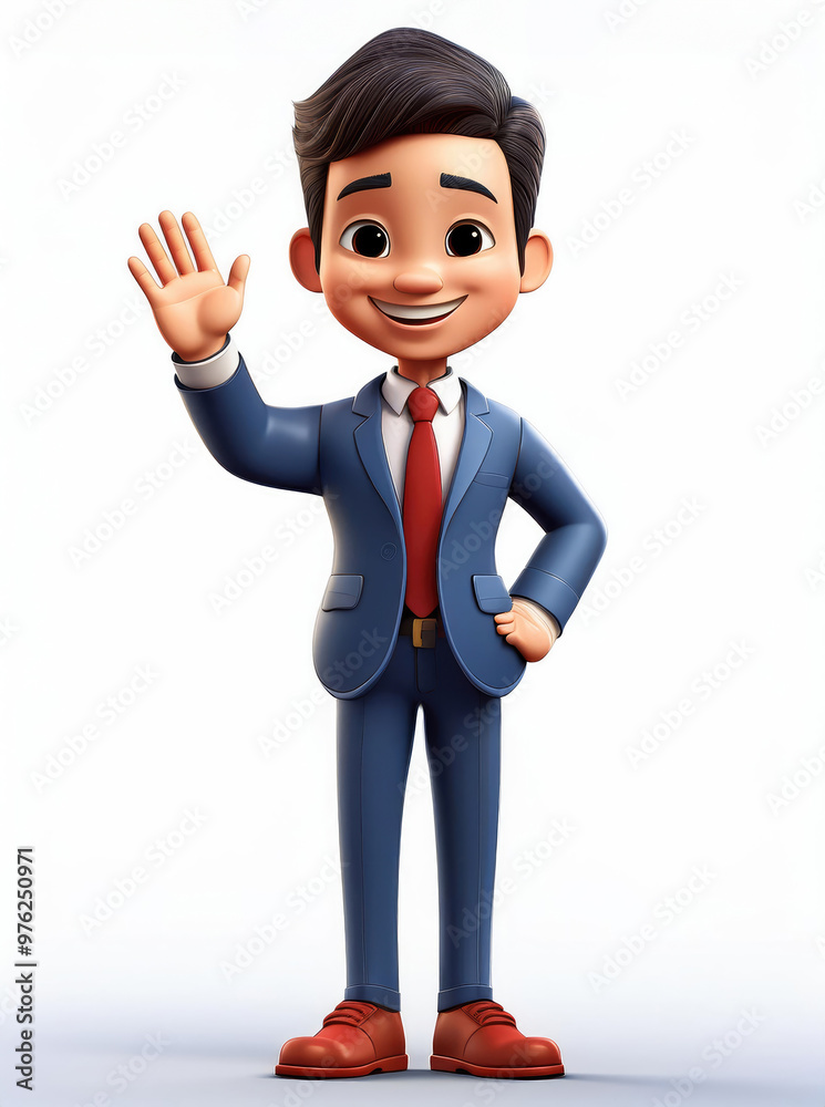 A cheerful animated character in a business suit waving hello, ideal for friendly corporate presentations and marketing. A cheerful animated character in a business suit waving hello, ideal for friendly corporate presentations and marketing.