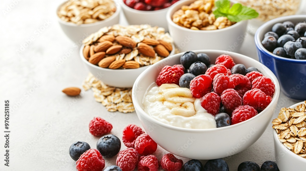 Bowl of yogurt with raspberries, blueberries, and banana slices, surrounded by bowls of almonds, granola, and oats. Bowl of yogurt with raspberries, blueberries, and banana slices, surrounded by bowls of almonds, granola, and oats.