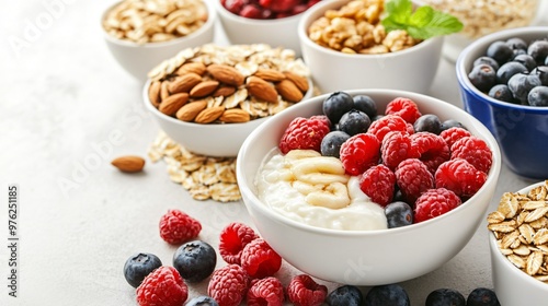 Bowl of yogurt with raspberries, blueberries, and banana slices, surrounded by bowls of almonds, granola, and oats.