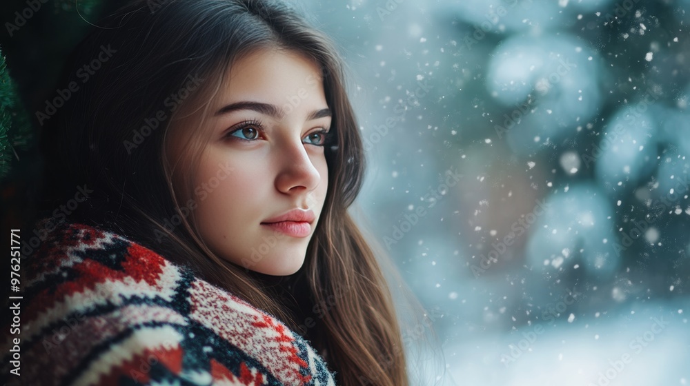 Reflective young brunette in nordic poncho gazing out at snowy winter woods through window Reflective young brunette in nordic poncho gazing out at snowy winter woods through window