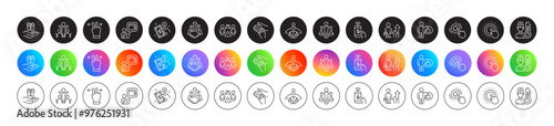 Seo target, Touchscreen gesture and Volunteer line icons. Round icon gradient buttons. Pack of Loyalty program, Like, Phone payment icon. Business results, Deal, Inclusion pictogram. Vector